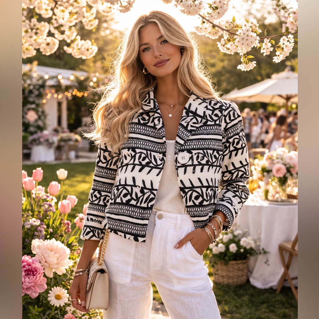 Whbm White House Black Market 2-Button Cropped Blazer Pattern Geometric Jacket 6